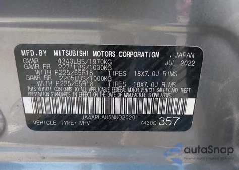 2022 Mitsubishi Outlander Sport 2.0 Be 2Wd/2.0 Es 2Wd/2.0 Le 2Wd/2.0 S 2Wd from USA, damaged, VIN JA4APUAU5NU020201